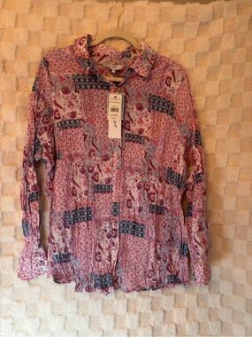 Foxcroft Rose Blossom Floral Patchwork Button-Up in Pink and Blue Size 22